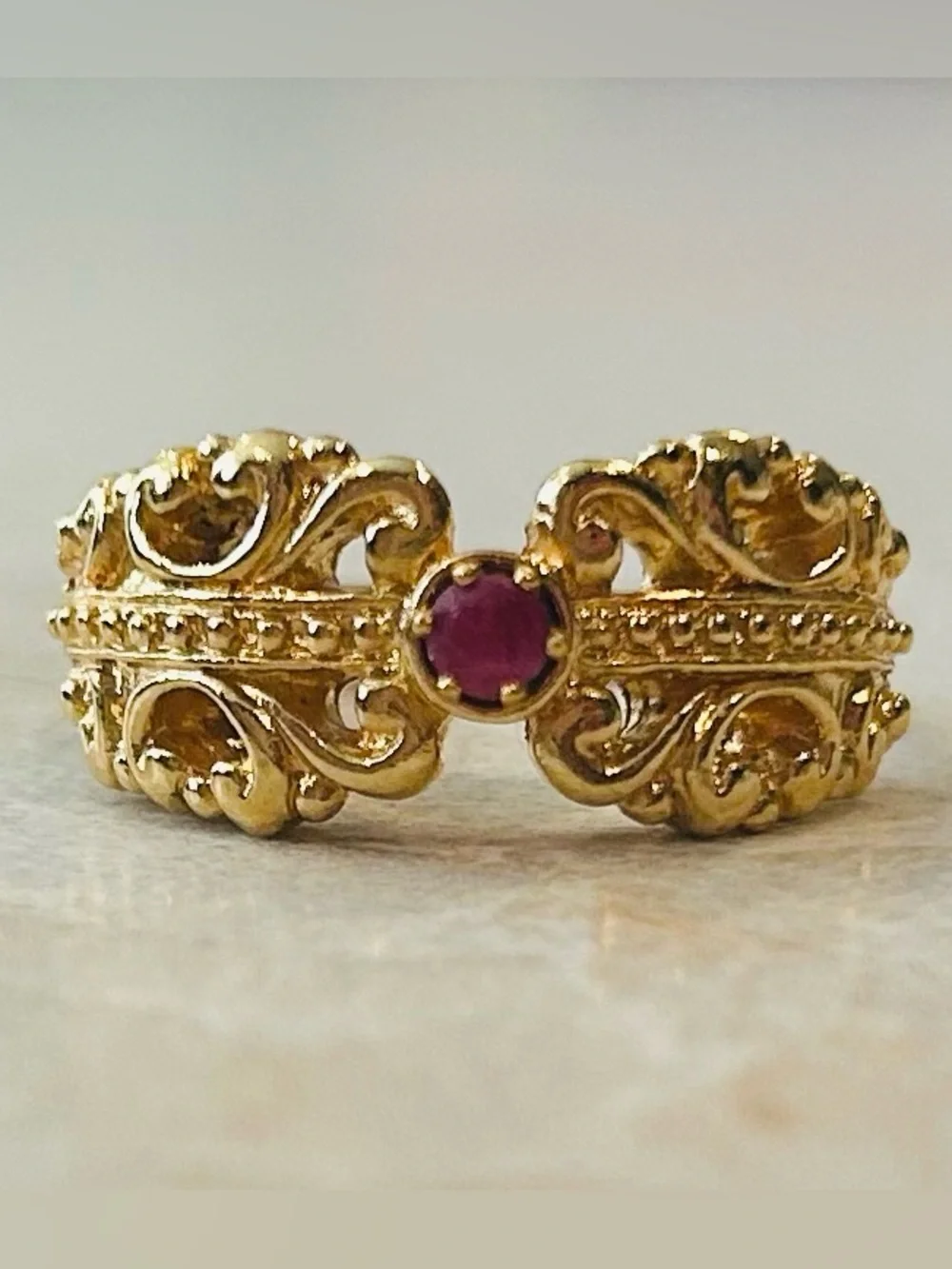 Vintage Gold Toned Filigree Ring with Pink Center Stone - Picture 1 of 4